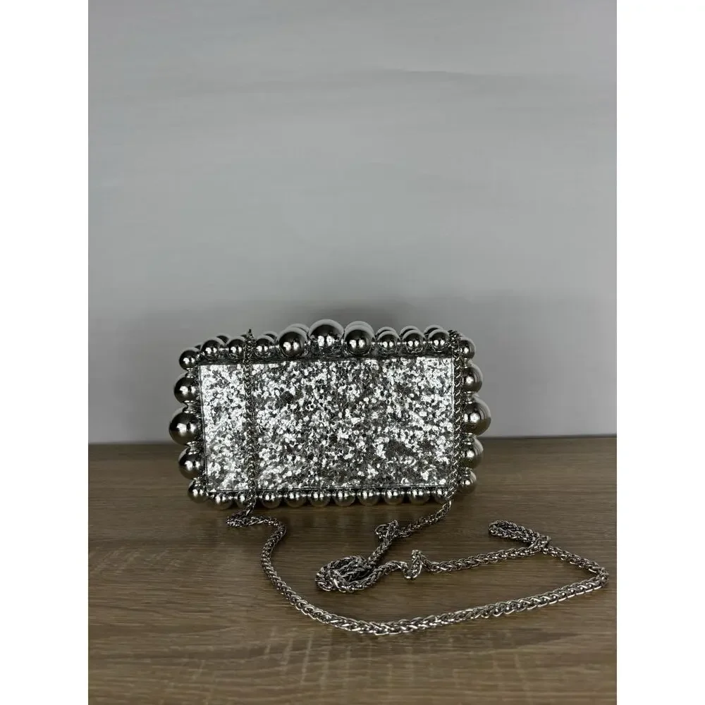 Silver Glitter Acrylic Box Clutch Bubble Ball Evening Bag Crossbody Chain Purse